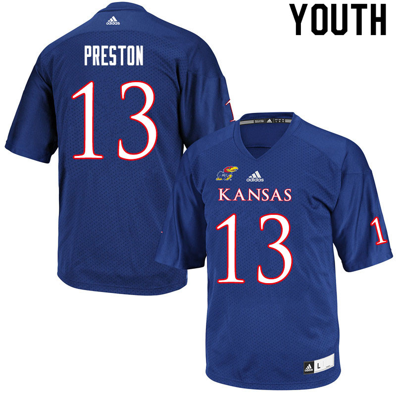 Youth #13 Jordan Preston Kansas Jayhawks College Football Jerseys Sale-Royal - Click Image to Close